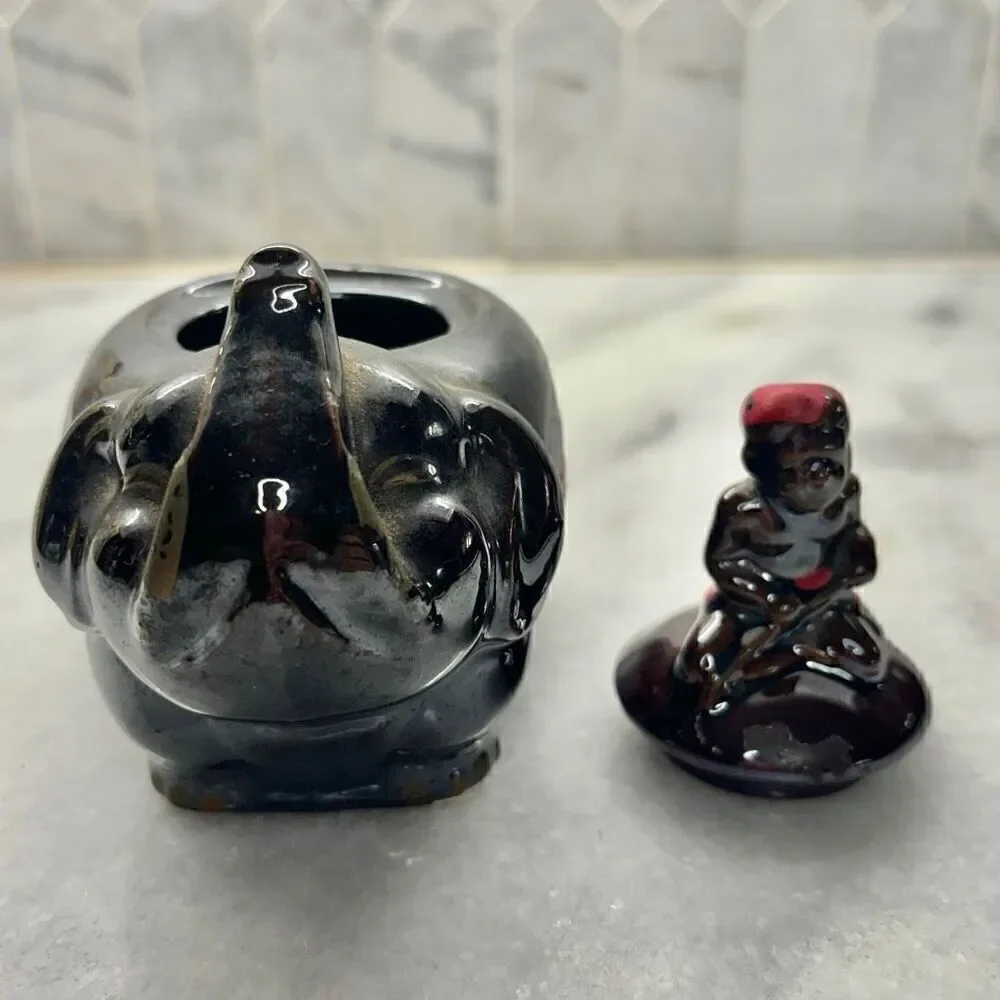 Vintage Elephant Boy Rider Pottery Ceramic Sugar Bowl Or Trinket Brown 5